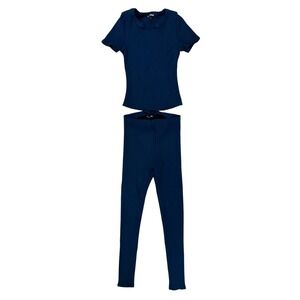 Fashion Nova Ribbed Knit 2 Piece Set L Navy Blue Leggings Crop Top Athleisure
